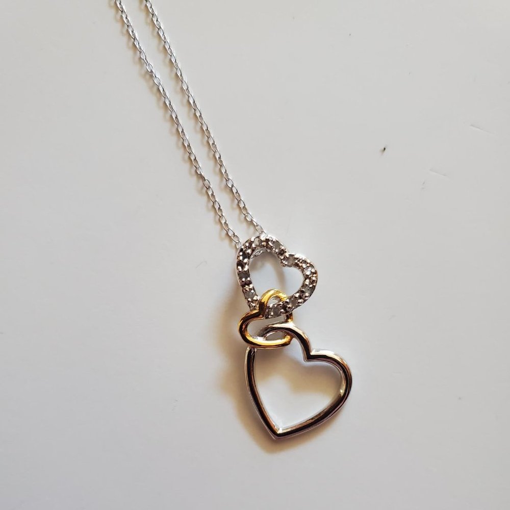 Sterling Silver & 18K Gold Diamond Hearts Pendant Necklace EUC